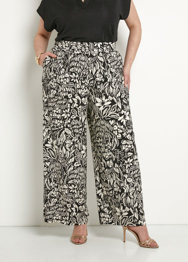 Pantalon large taille élastiquée fleuri ou uni Noir/Ecru