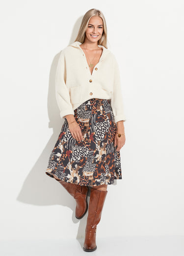 Jupe évasée en maille motif animalier Noir/Orange