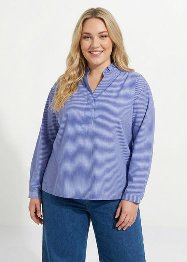 Blouse fines rayures avec col plissé Raye Bleu