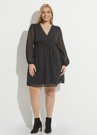 Robe courte taille plissée, mini coeurs Noir