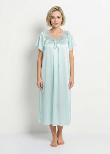 Chemise de nuit satinée longue antistatique dentelle Menthe