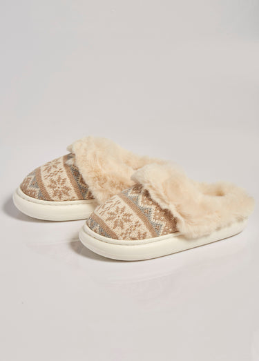 Chaussons fourrure et jacquard thème Noël Beige