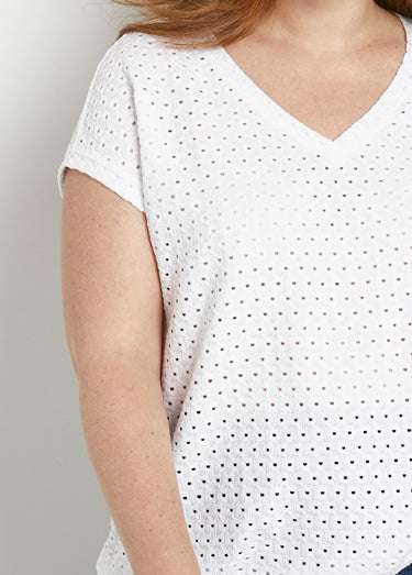 T-shirt ample blousant court uni col V Blanc