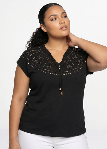 T-shirt court uni clouté maille flammée Noir