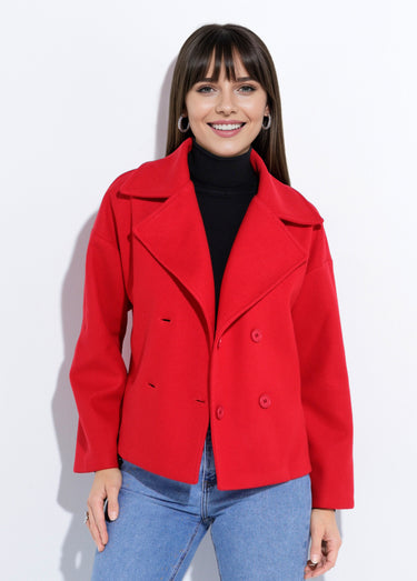 Caban court uni façon drap de laine Rouge