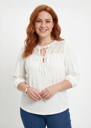 T-shirt col V à nouer manches 3/4 voile Blanc