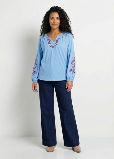 T-shirt long brodé manches longues Bleu Jean