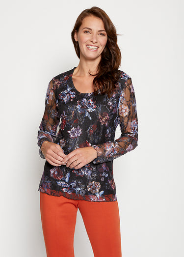 T-shirt maille dentelle extensible Noir/Bordeaux