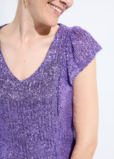 T-shirt sequins manches courtes col V Violet