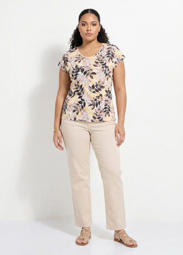 T-shirt manches courtes imprimé feuillage col rond Beige/Noir