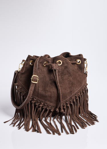 Sac forme seau en cuir daim et à franges Marron