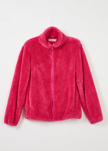 Veste fausse fourrure col montant manches longues Fuchsia