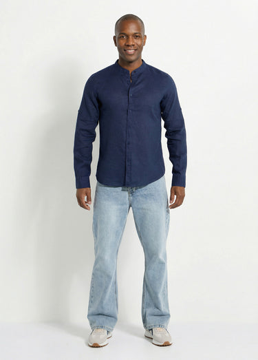 Chemise lin col mao, manches longues Bleu