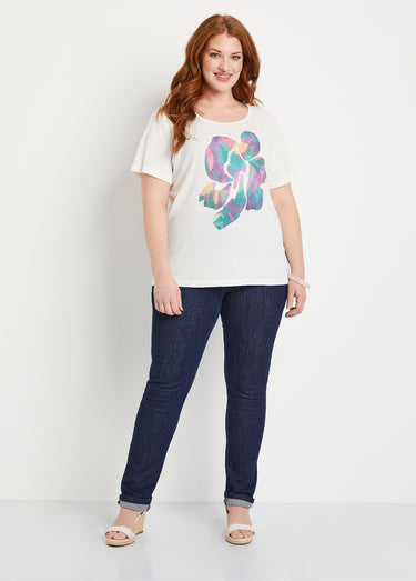 T-shirt col rond avec motif fleuri Fond Ecru
