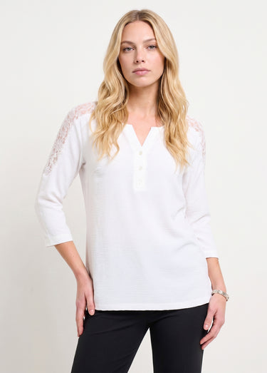 Tunique manches 3/4 col V boutonné dentelle Ecru