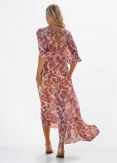 Robe de plage imprimée, encolure brodée Rose