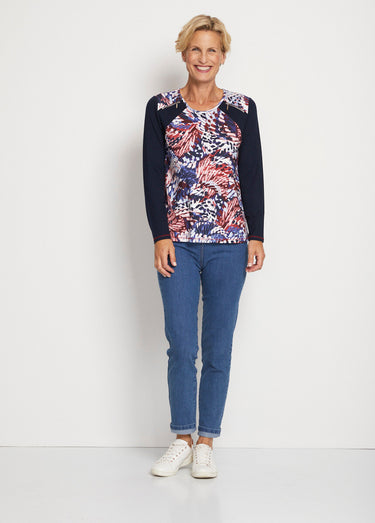T-shirt uni imprimé manches longues Bleu / Rouge