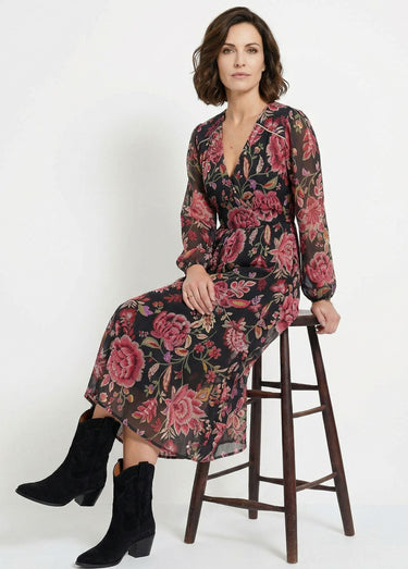 Robe longue cache-coeur volantée voile fleuri Noir/Prune