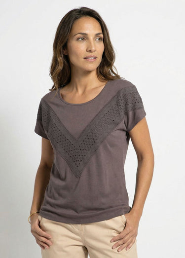 T-shirt dentelle coton manches kimono Chocolat