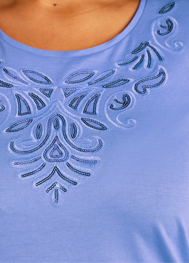 T-shirt court brodé manches 3/4 Bleu