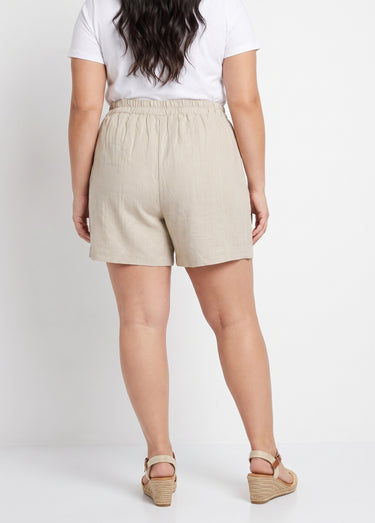 Short large élastiqué avec lin Beige