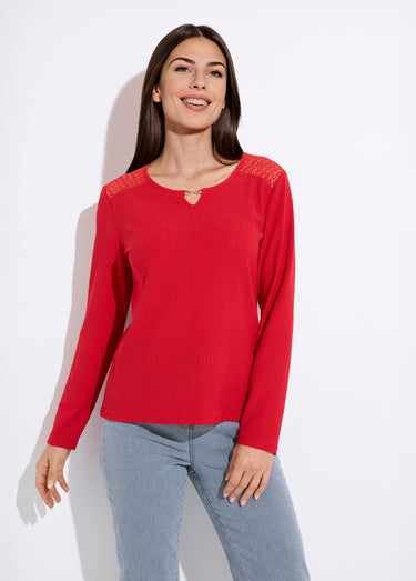 T-shirt maille gaufrée dentelle encolure bijou Rouge
