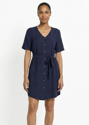 Robe chemisier col V, brodée feuillage Marine