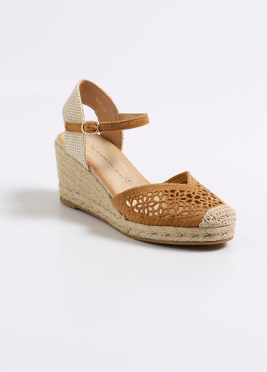 Espadrilles compensées fleurs ajourées Camel