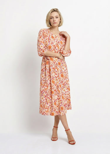 Robe longue boutonnée avec manches 3/4 Orange Imprime