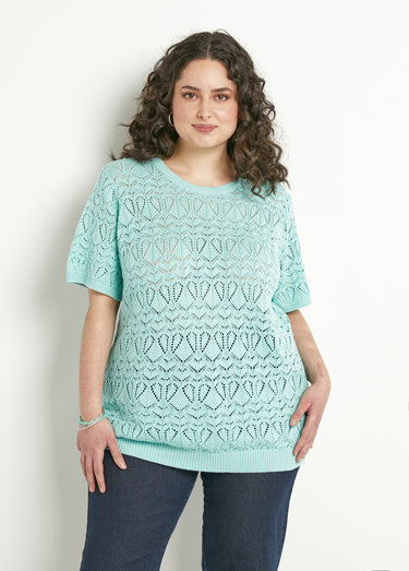 Pull fin ajouré coton manches courtes Vert d'eau