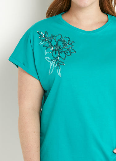 T-shirt coton uni sequins manches courtes Turquoise