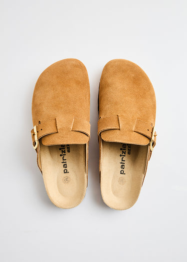 Mules sabots croûte de cuir boucle réglable Camel
