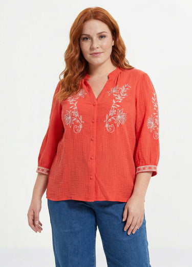 Blouse en gaze de coton avec broderies Corail