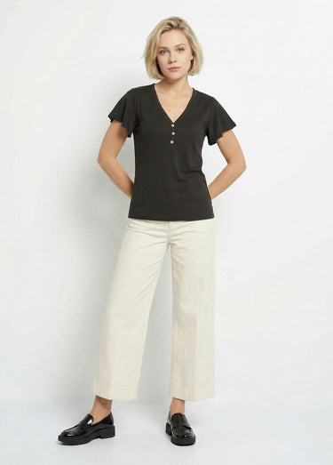 T-shirt col V jersey cotelé, Essentiel Noir