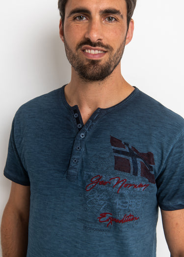 T-shirt col tunisien chiné avec motif Marine