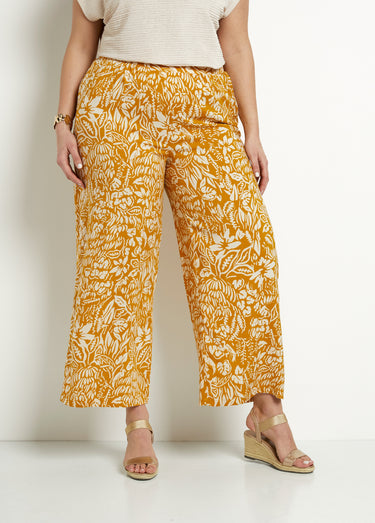 Pantalon large taille élastiquée fleuri ou uni Jaune/Ecru