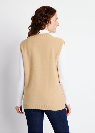 Pull col V sans manches maille fantaisie Beige