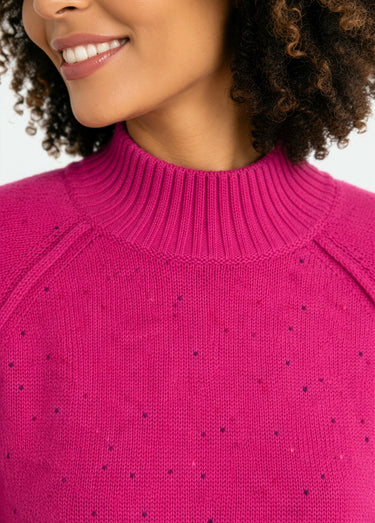 Pull chaud raglan col montant moucheté Fuchsia