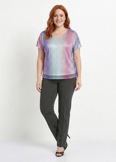 T-shirt court brillant col V effet plissé Rose/Aqua