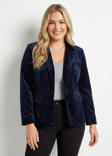 Veste blazer droite velours uni col tailleur Marine
