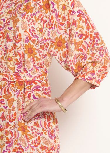 Robe longue boutonnée avec manches 3/4 Orange Imprime