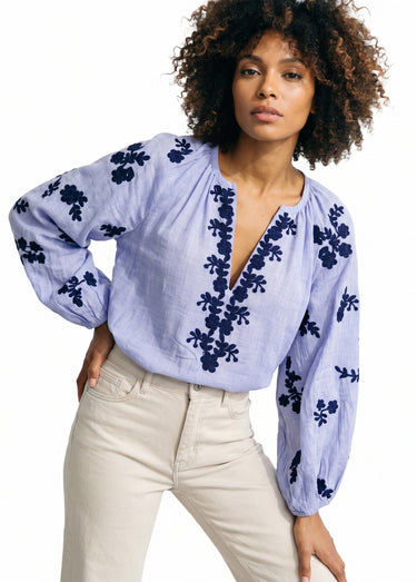 Blouse voile coton et broderies fleurs Bleu