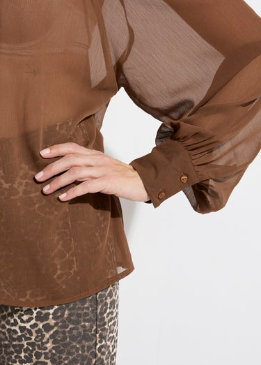 Chemisier voile uni avec col lavallière Chocolat