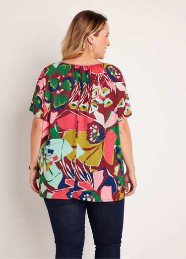 T-shirt long ample uni ou fleuri Rose/Vert