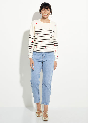 Pull marin épais rayures et coeur, col rond Ecru Raye Marine