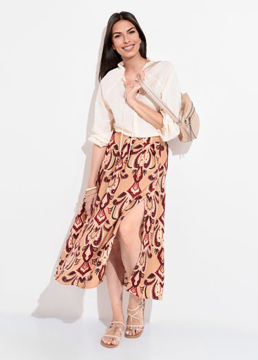 Blouse ample col V fantaisie lien à nouer Beige