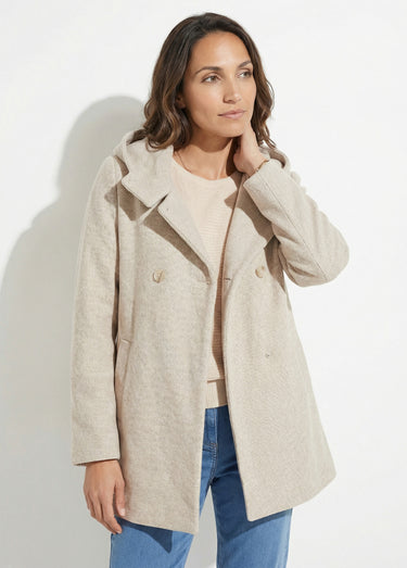 Veste manteau lainage tweed double boutonnage capuche Beige