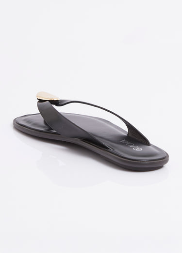Tongs simili cuir, détail bijou métal Noir