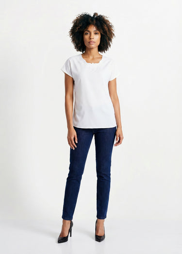 Top long manches courtes broderies col rond Ecru