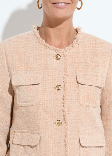 Veste tweed boutonnée frangée sans col Amande